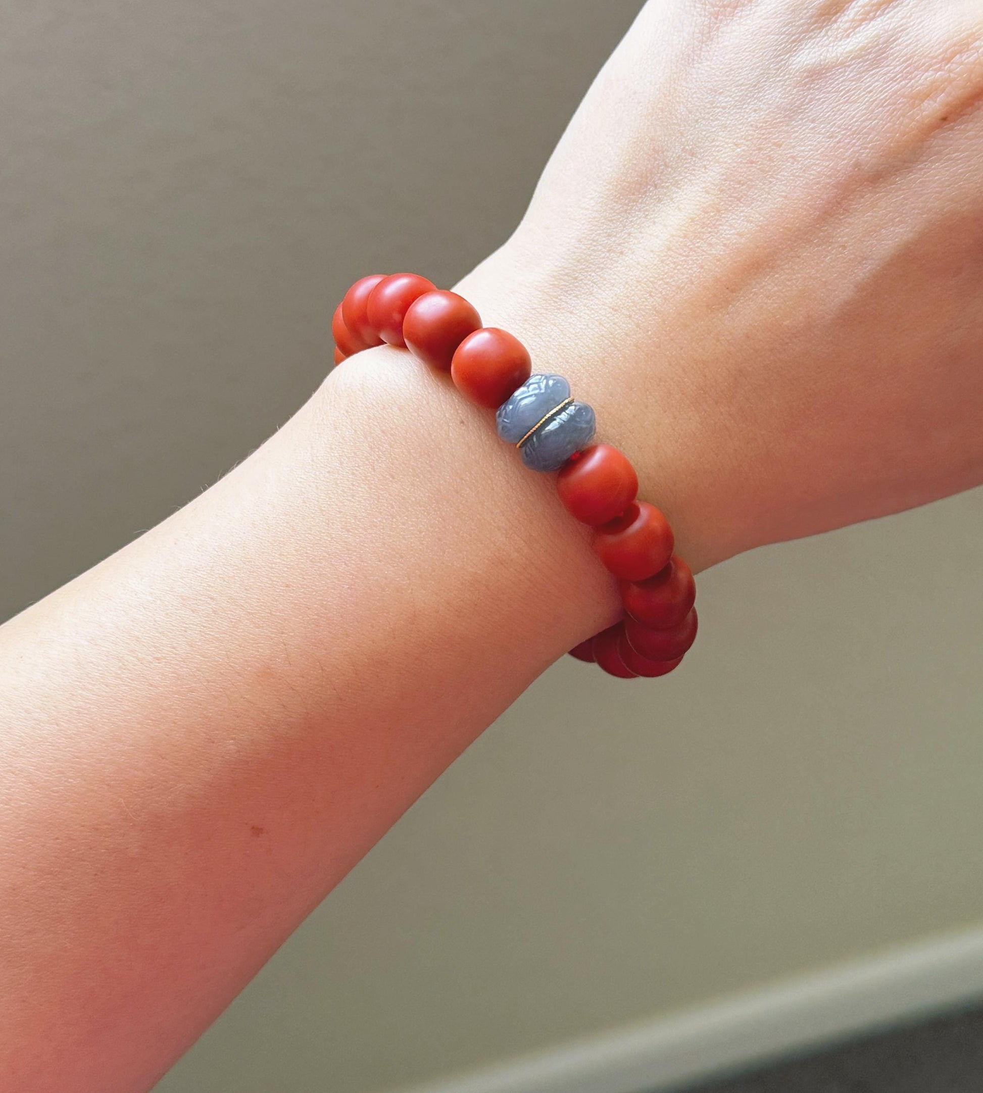 Red Agate Bracelet with 18K Gold & Gray Nephrite Jade | Handmade