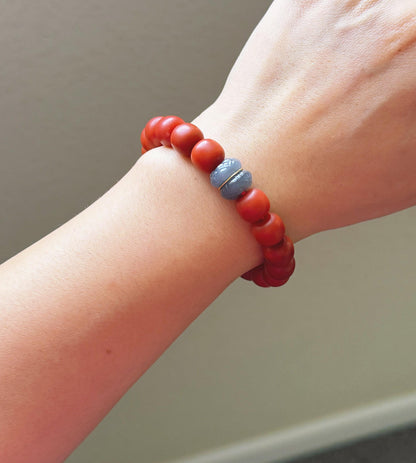Red Agate Bracelet with 18K Gold & Gray Nephrite Jade | Handmade