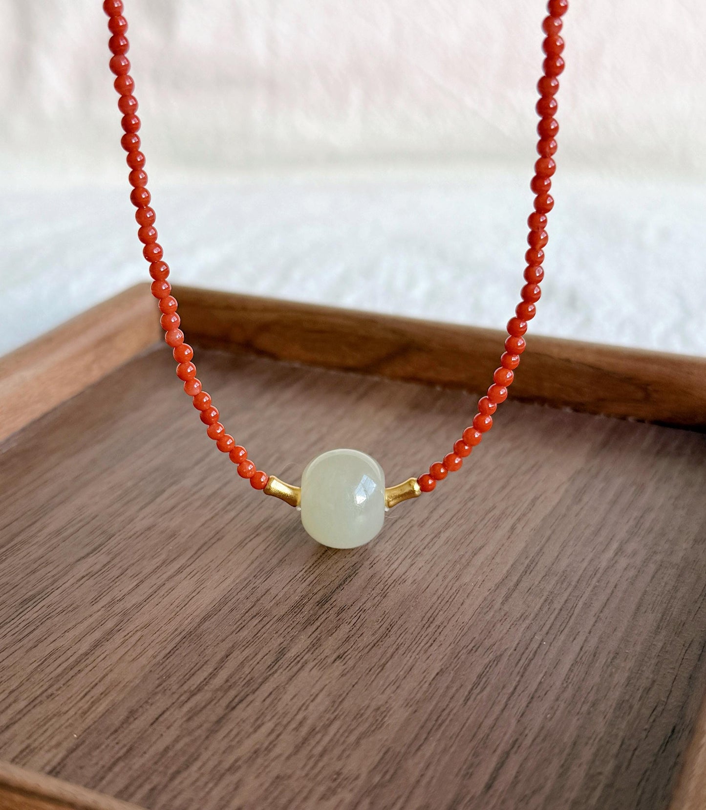 Red Agate Choker Necklace with Nephrite Jade | 3mm Beaded Adjustable Gold Choker
