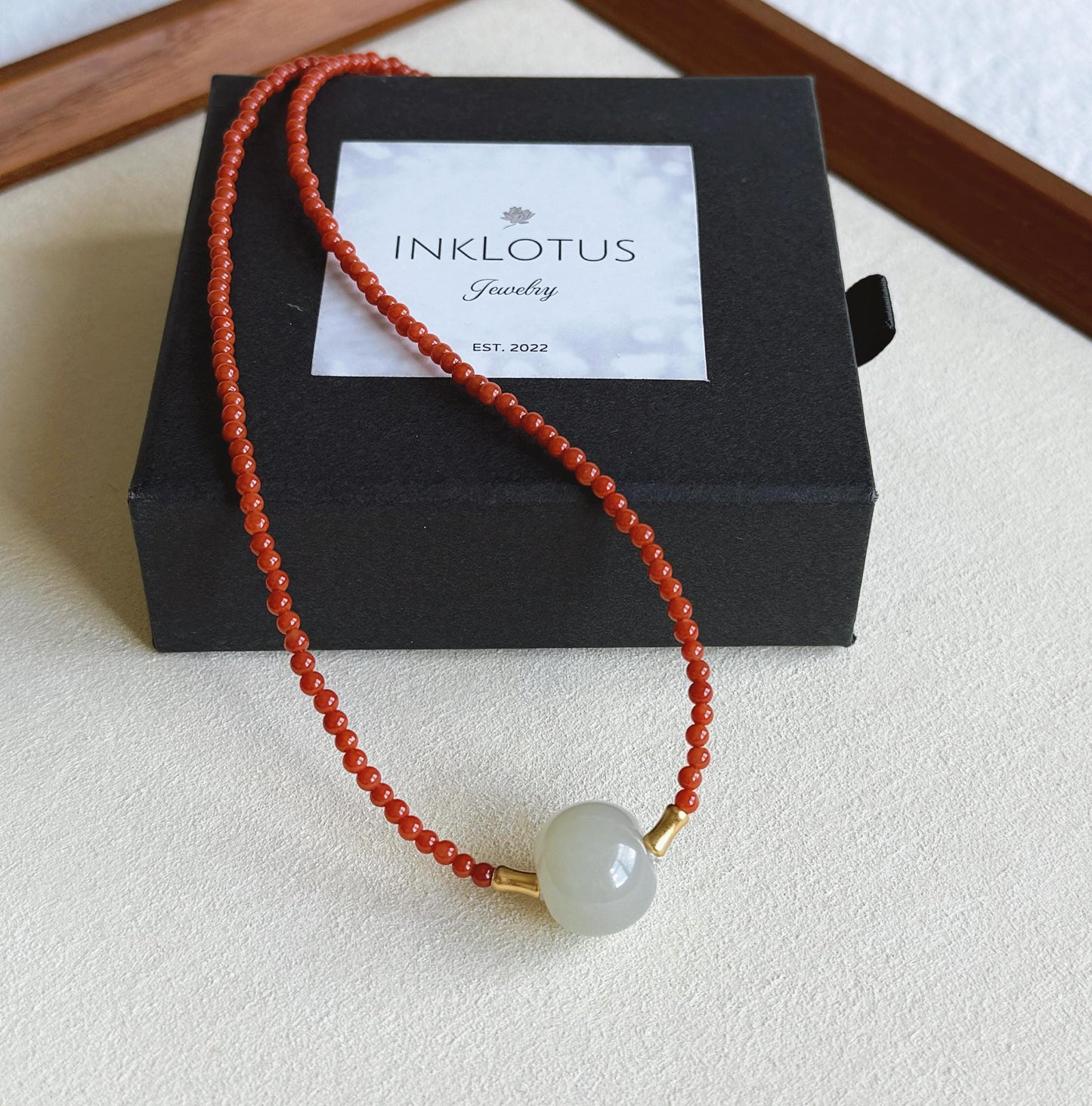 Red Agate Choker Necklace with Nephrite Jade | 3mm Beaded Adjustable Gold Choker