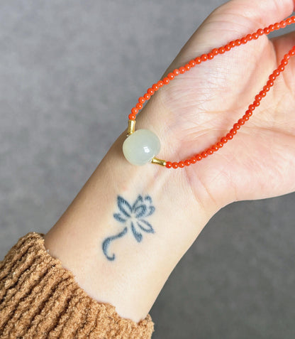 Red Agate Choker Necklace with Nephrite Jade | 3mm Beaded Adjustable Gold Choker