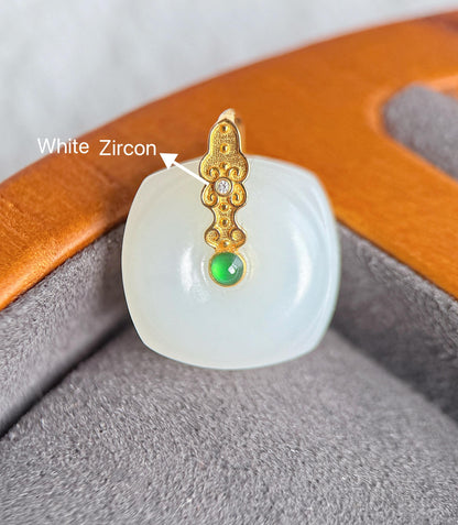 18k White Nephrite Jade Pendant Necklace | Square-Round | 18" Gold-Plated Sterling Silver Chain