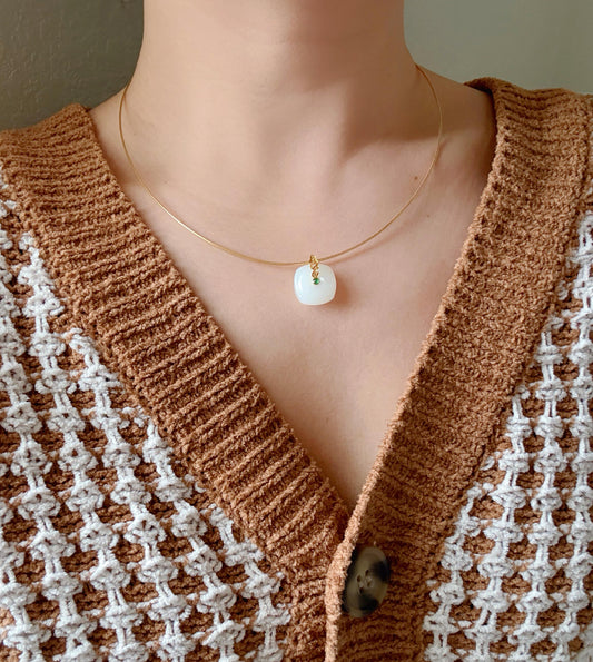 18k White Nephrite Jade Pendant Necklace | Square-Round | 18" Gold-Plated Sterling Silver Chain