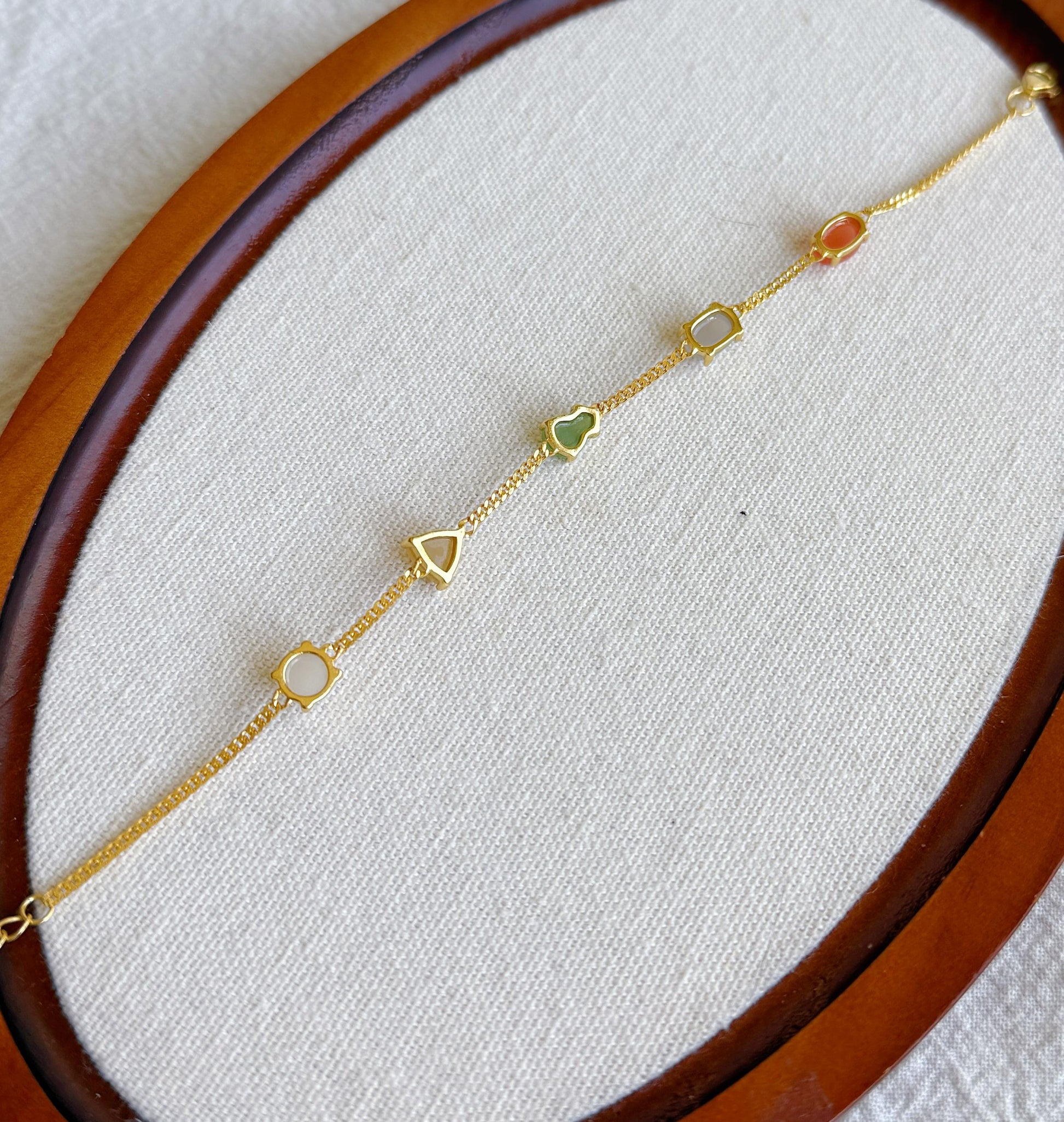 Natural Jade & Agate Station Bracelet in S925 silver – Adjustable Length, Dainty Gemstone Chain Bracelet