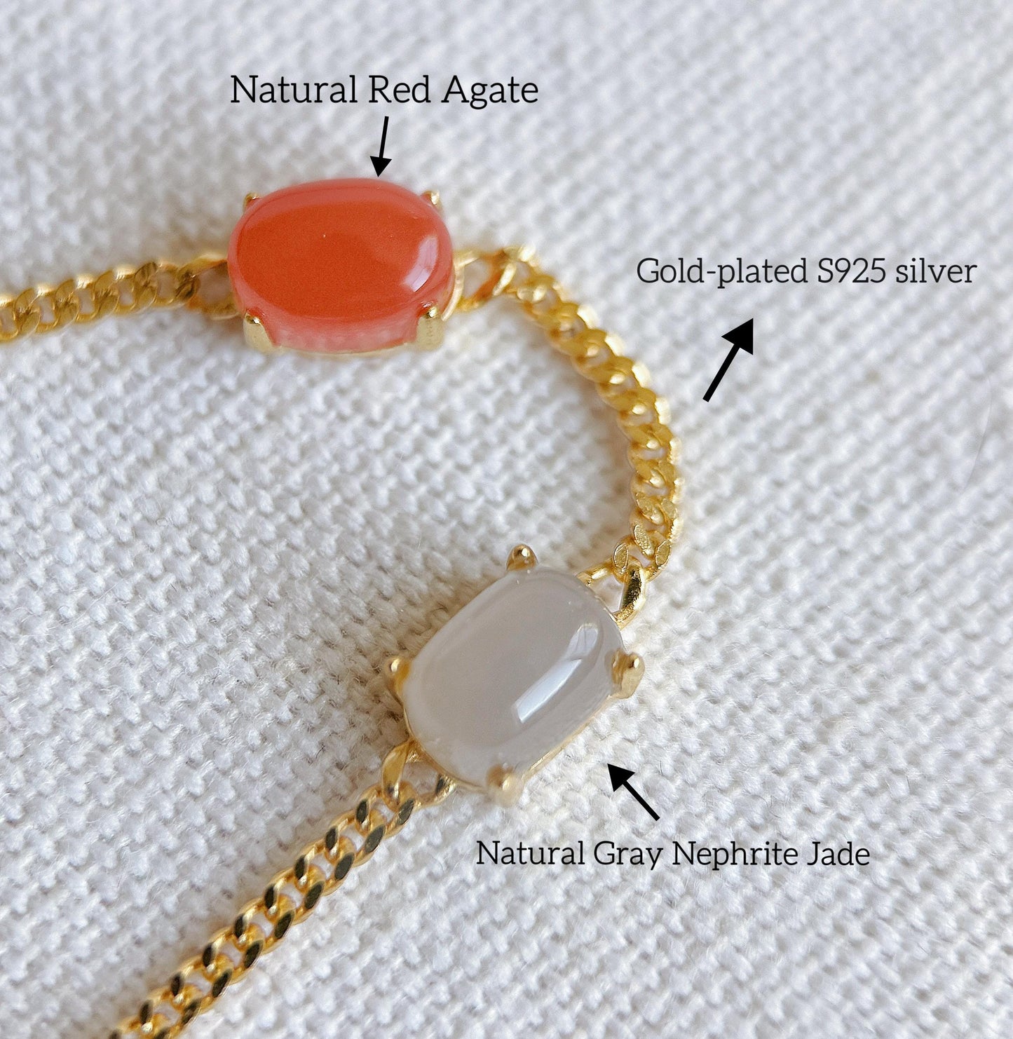 Natural Jade & Agate Station Bracelet in S925 silver – Adjustable Length, Dainty Gemstone Chain Bracelet