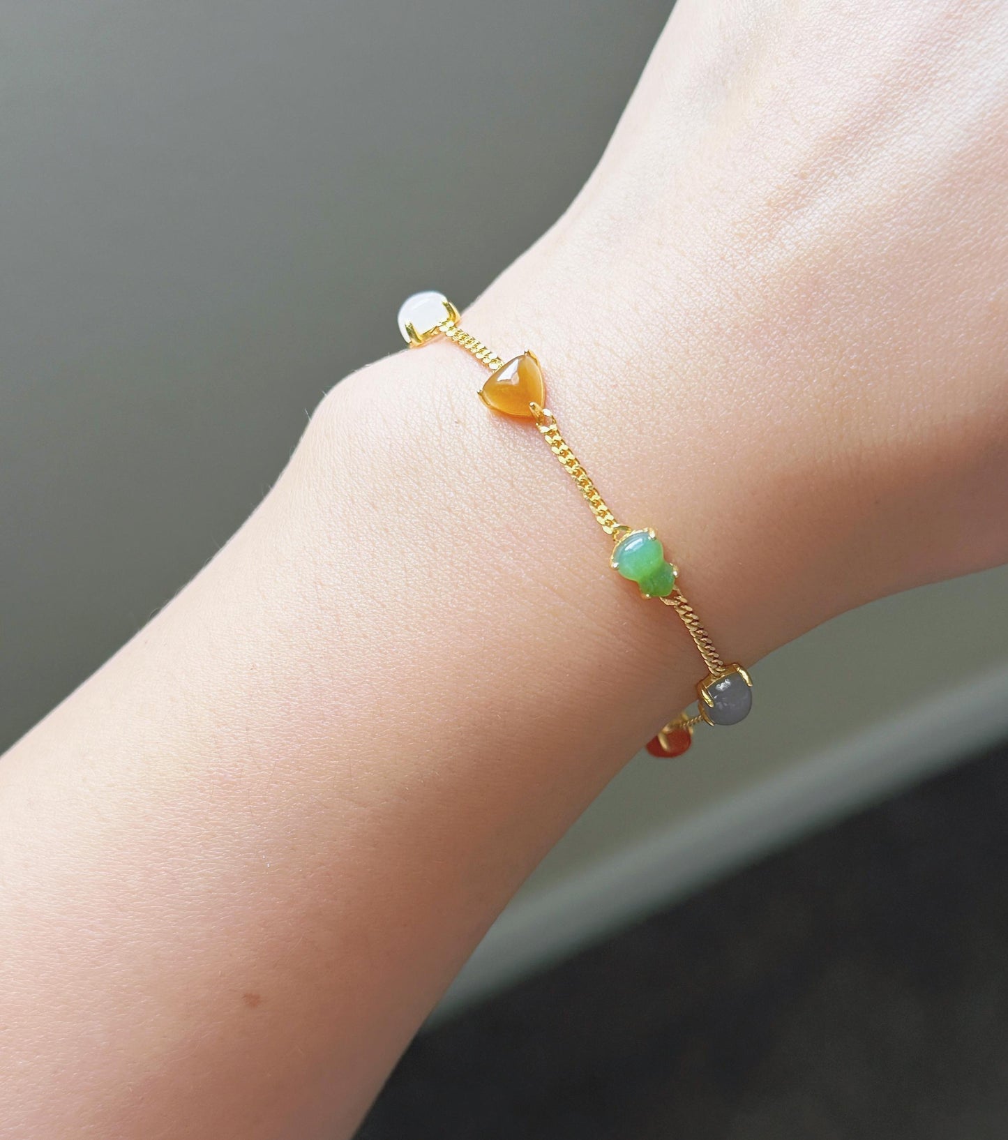 Natural Jade & Agate Station Bracelet in S925 silver – Adjustable Length, Dainty Gemstone Chain Bracelet