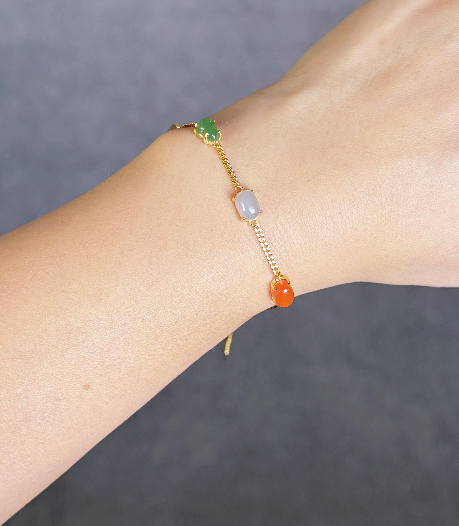 Natural Jade & Agate Station Bracelet in S925 silver – Adjustable Length, Dainty Gemstone Chain Bracelet