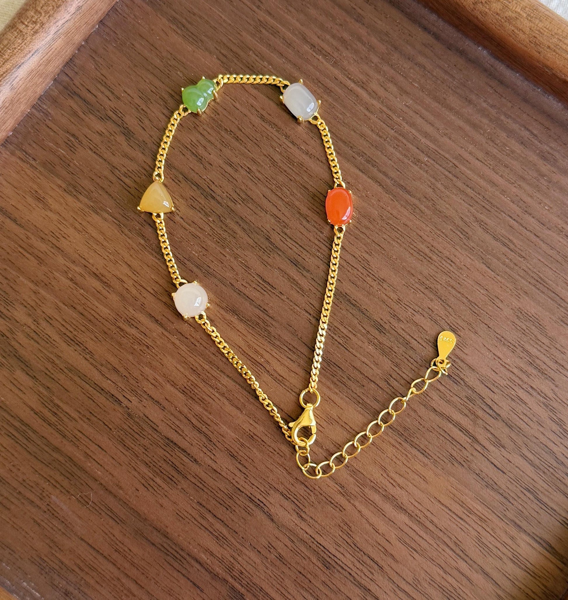 Natural Jade & Agate Station Bracelet in S925 silver – Adjustable Length, Dainty Gemstone Chain Bracelet