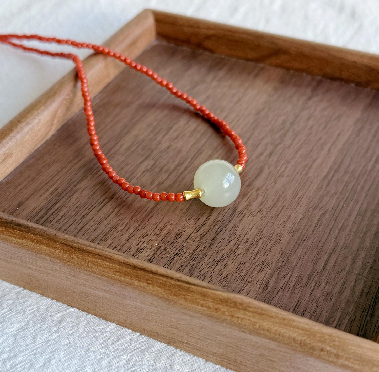 Red Agate Choker Necklace with Nephrite Jade | 3mm Beaded Adjustable Gold Choker