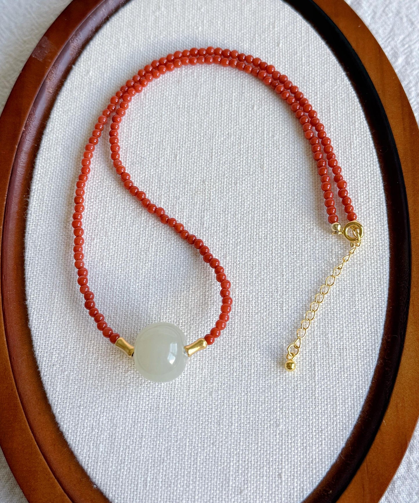 Red Agate Choker Necklace with Nephrite Jade | 3mm Beaded Adjustable Gold Choker