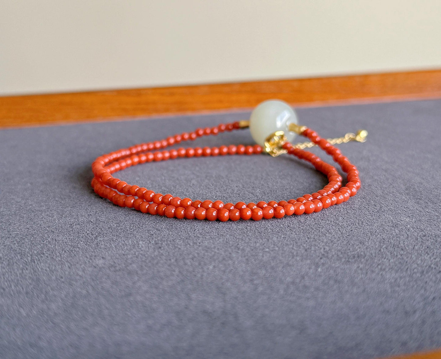 Red Agate Choker Necklace with Nephrite Jade | 3mm Beaded Adjustable Gold Choker