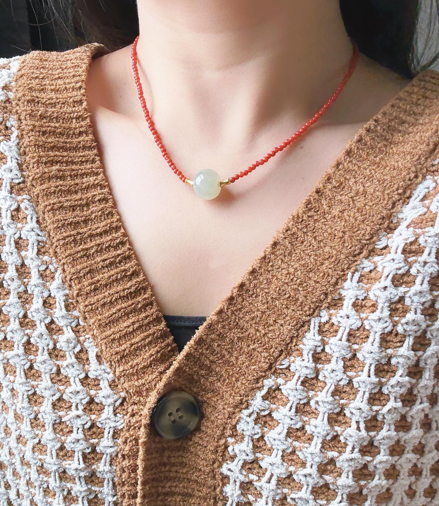 Red Agate Choker Necklace with Nephrite Jade | 3mm Beaded Adjustable Gold Choker