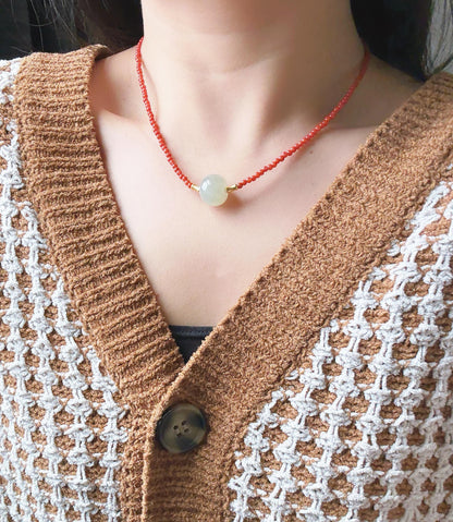 Red Agate Choker Necklace with Nephrite Jade | 3mm Beaded Adjustable Gold Choker