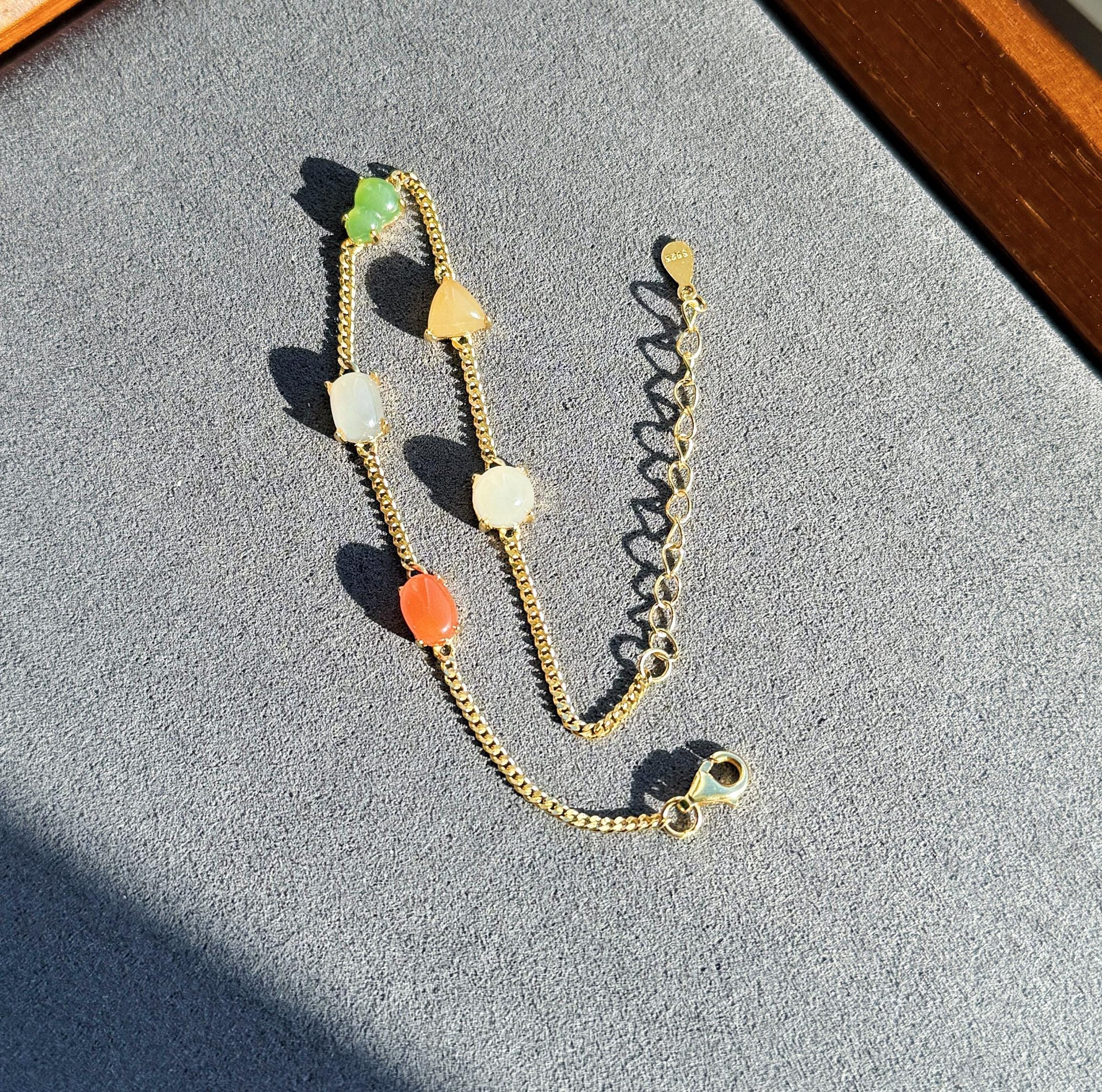 Natural Jade & Agate Station Bracelet in S925 silver – Adjustable Length, Dainty Gemstone Chain Bracelet