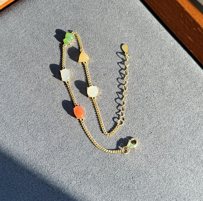 Natural Jade & Agate Station Bracelet in S925 silver – Adjustable Length, Dainty Gemstone Chain Bracelet