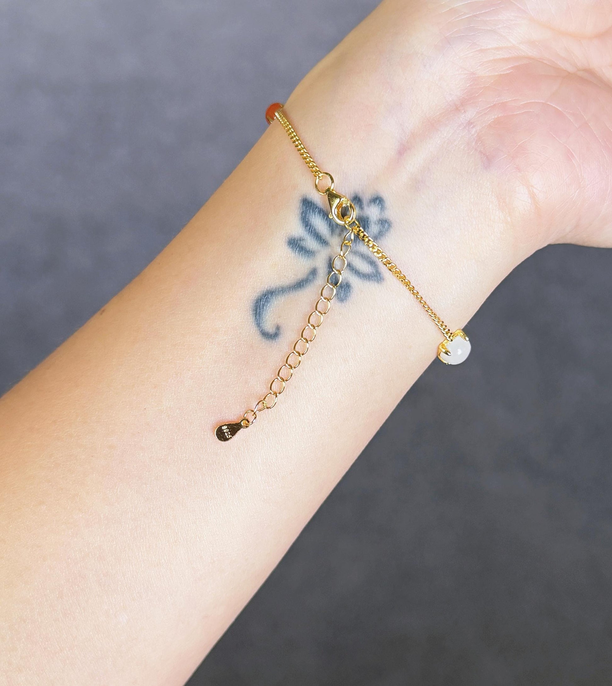 Natural Jade & Agate Station Bracelet in S925 silver – Adjustable Length, Dainty Gemstone Chain Bracelet
