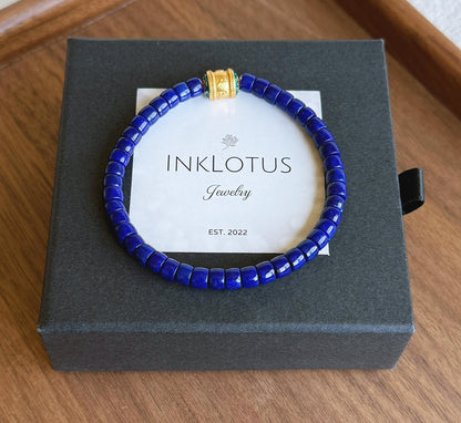 Natural Lapis Lazuli Bracelet 4x5mm – Premium Quality Deep Royal Blue Heishi Beads, S925 Mantra Bead