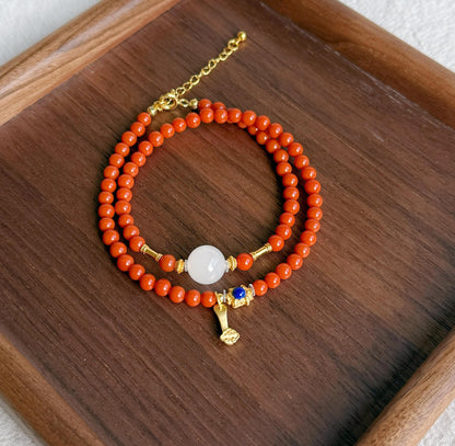 4mm Red Agate Double-Wrap Bracelet | Natural White Nephrite Jade & Gold-Plated S925 Silver Accents