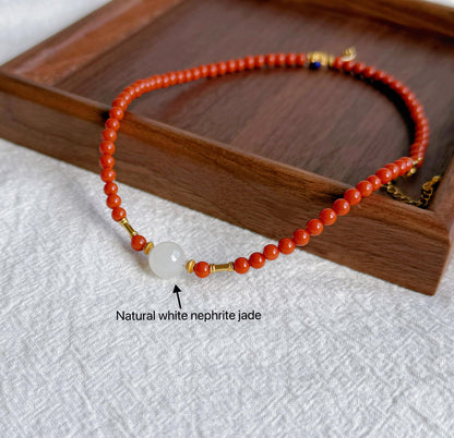 4mm Red Agate Double-Wrap Bracelet | Natural White Nephrite Jade & Gold-Plated S925 Silver Accents
