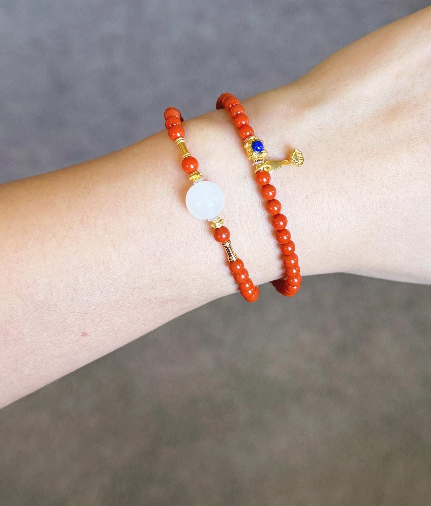 4mm Red Agate Double-Wrap Bracelet | Natural White Nephrite Jade & Gold-Plated S925 Silver Accents