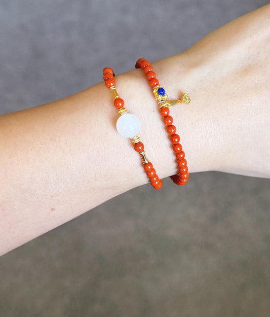 4mm Red Agate Double-Wrap Bracelet | Natural White Nephrite Jade & Gold-Plated S925 Silver Accents