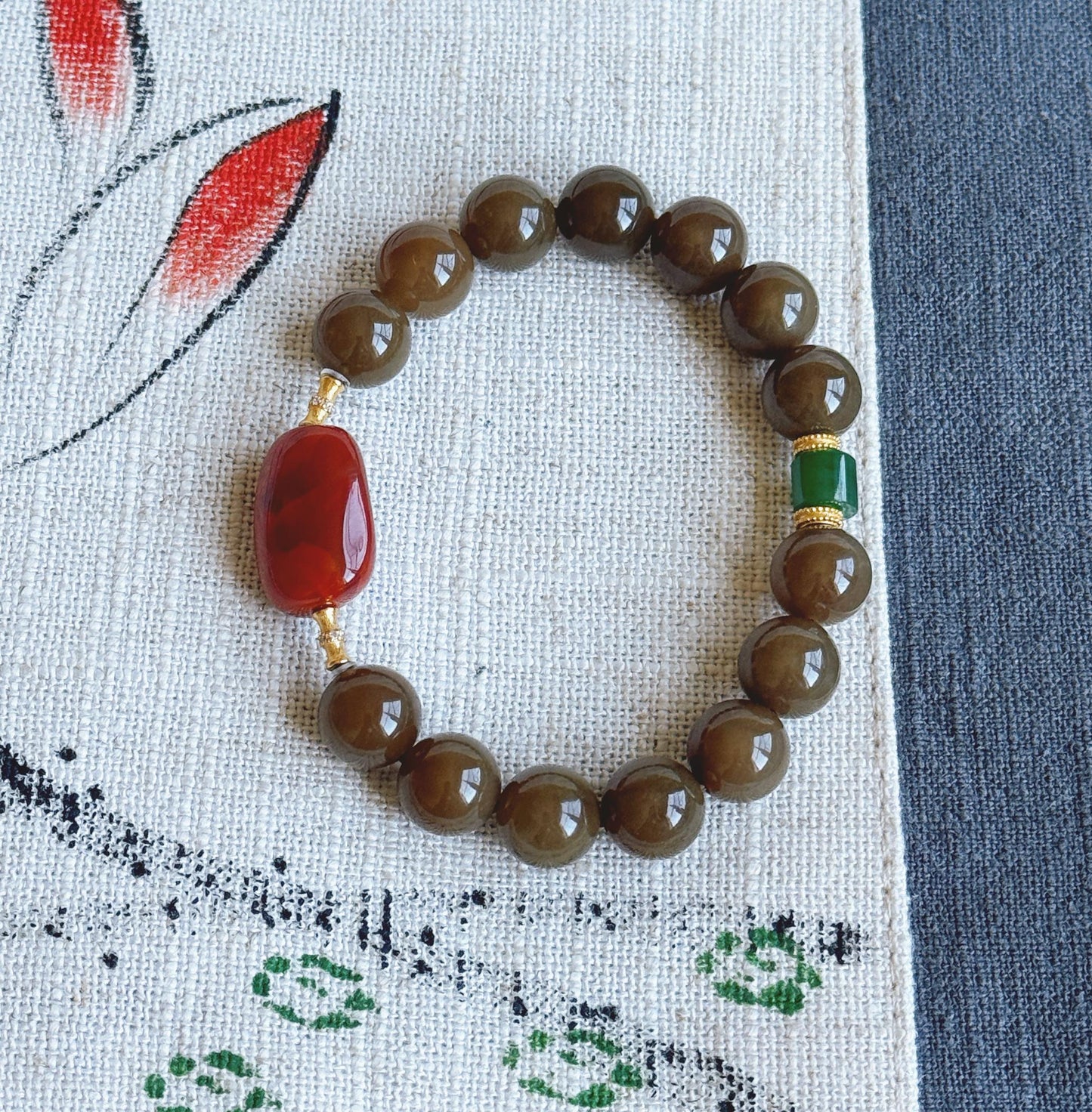 Natural Brown Nephrite Jade Bracelet 10mm | Red Agate & Green Jade | Gold-Plated S925 Silver Accents