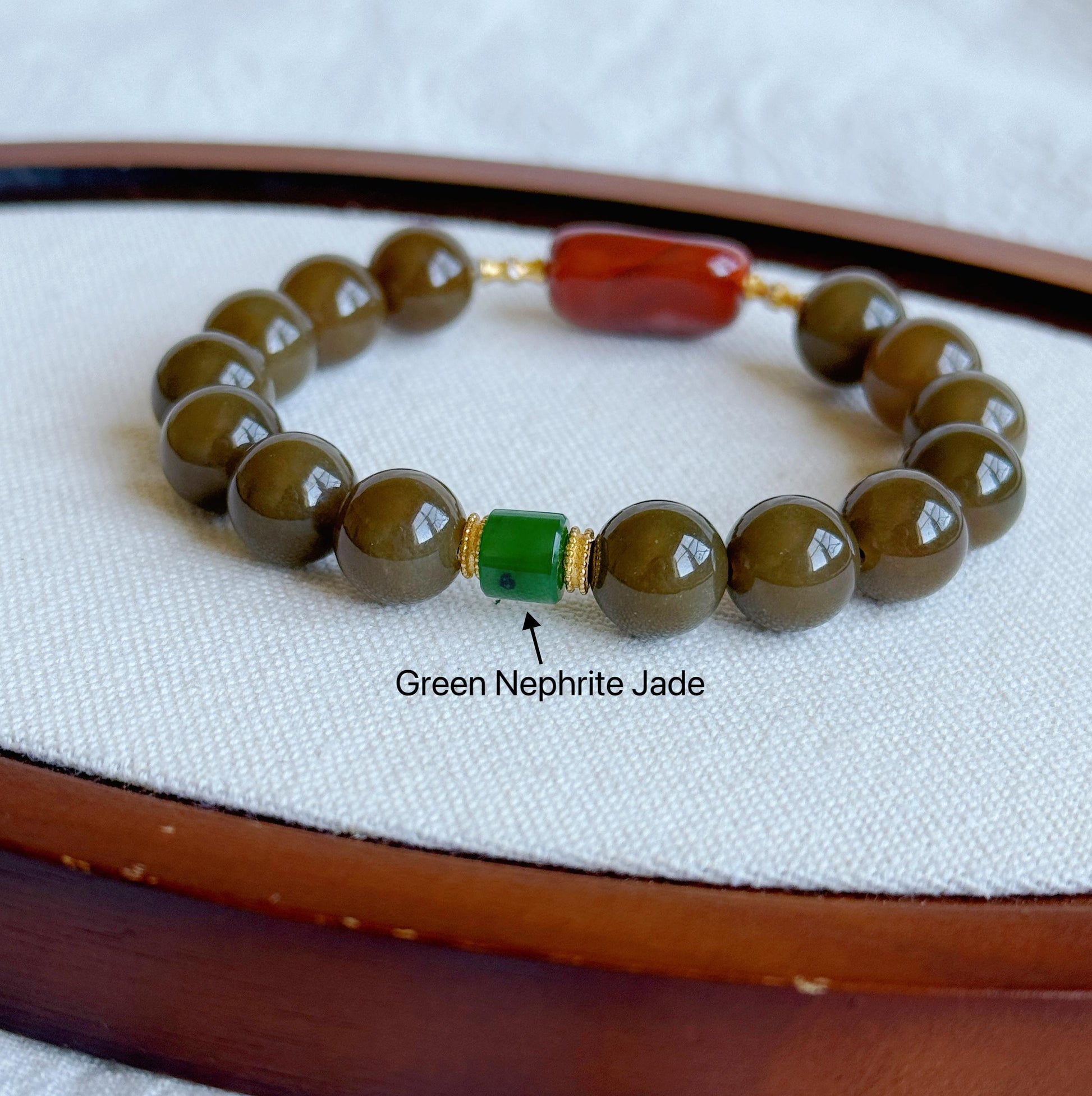 Natural Brown Nephrite Jade Bracelet 10mm | Red Agate & Green Jade | Gold-Plated S925 Silver Accents