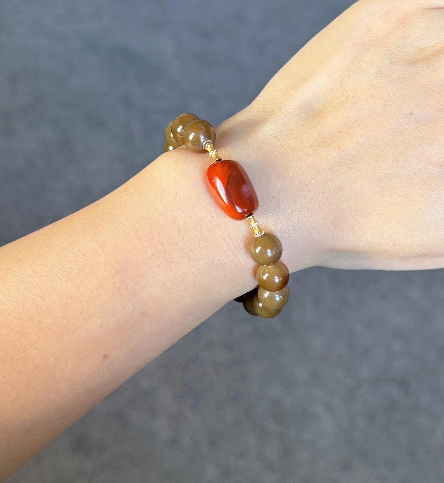 Natural Brown Nephrite Jade Bracelet 10mm | Red Agate & Green Jade | Gold-Plated S925 Silver Accents