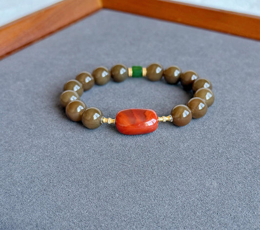 Natural Brown Nephrite Jade Bracelet 10mm | Red Agate & Green Jade | Gold-Plated S925 Silver Accents