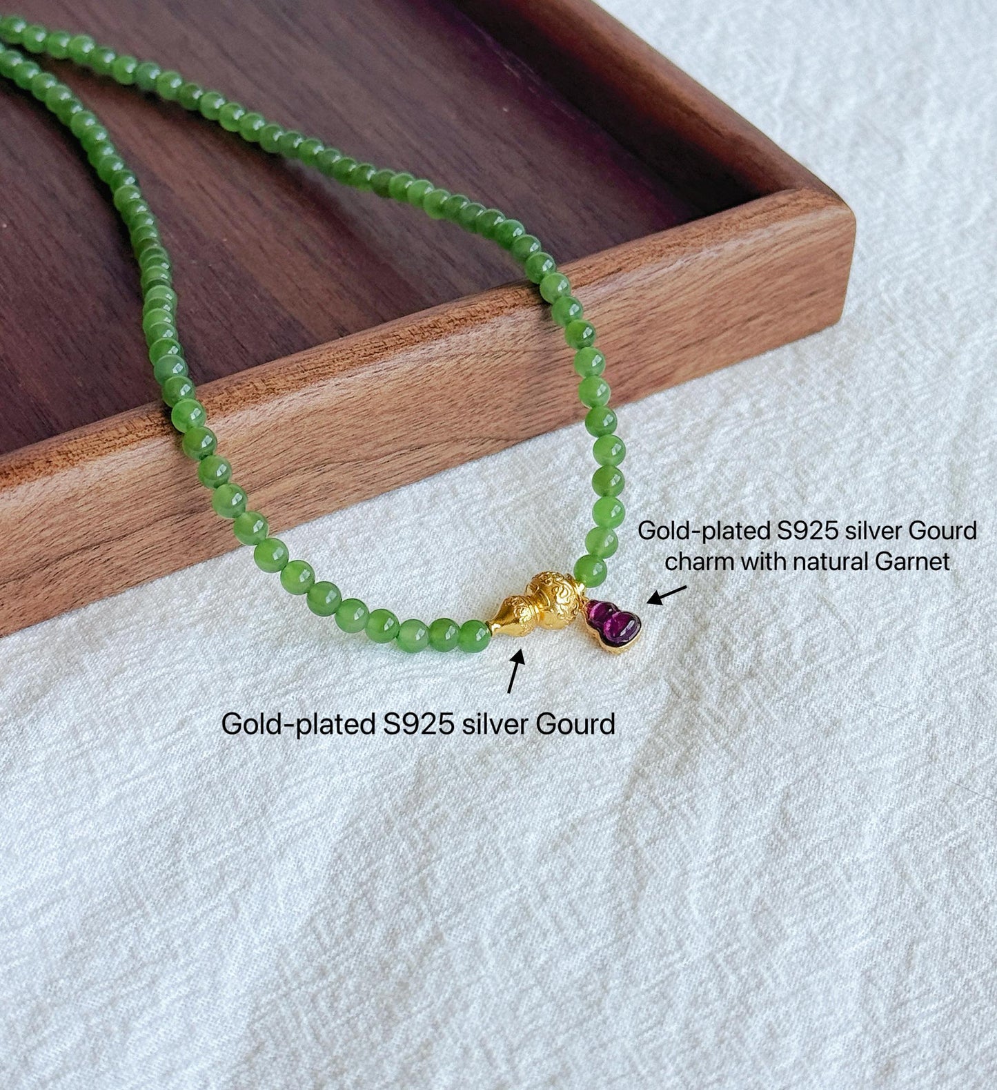 Handmade Green Jade Beaded Choker | Gold Gourd, Garnet Accents