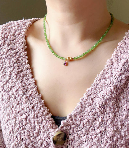 Handmade Green Jade Beaded Choker | Gold Gourd, Garnet Accents