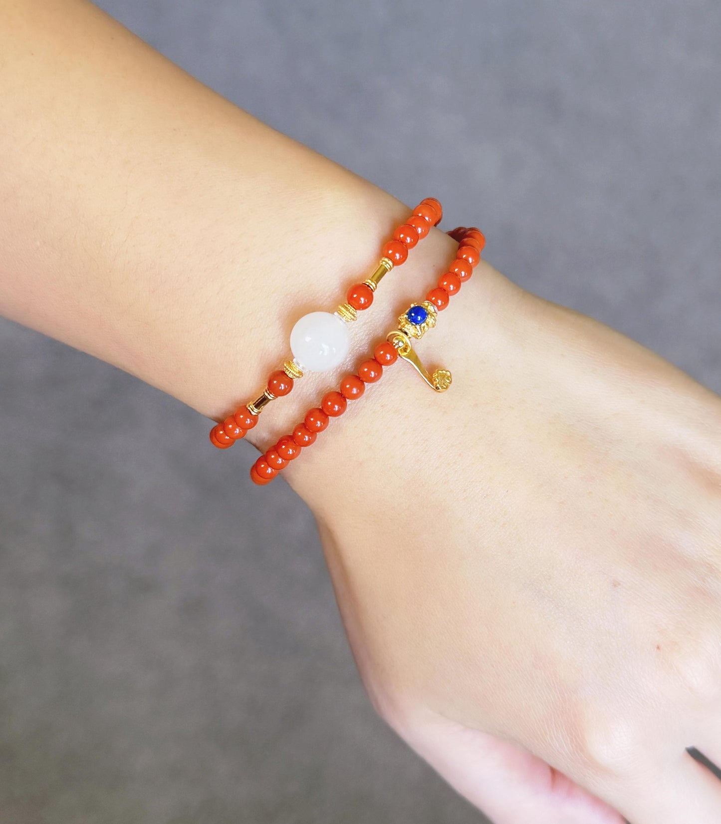 4mm Red Agate Double-Wrap Bracelet | Natural White Nephrite Jade & Gold-Plated S925 Silver Accents