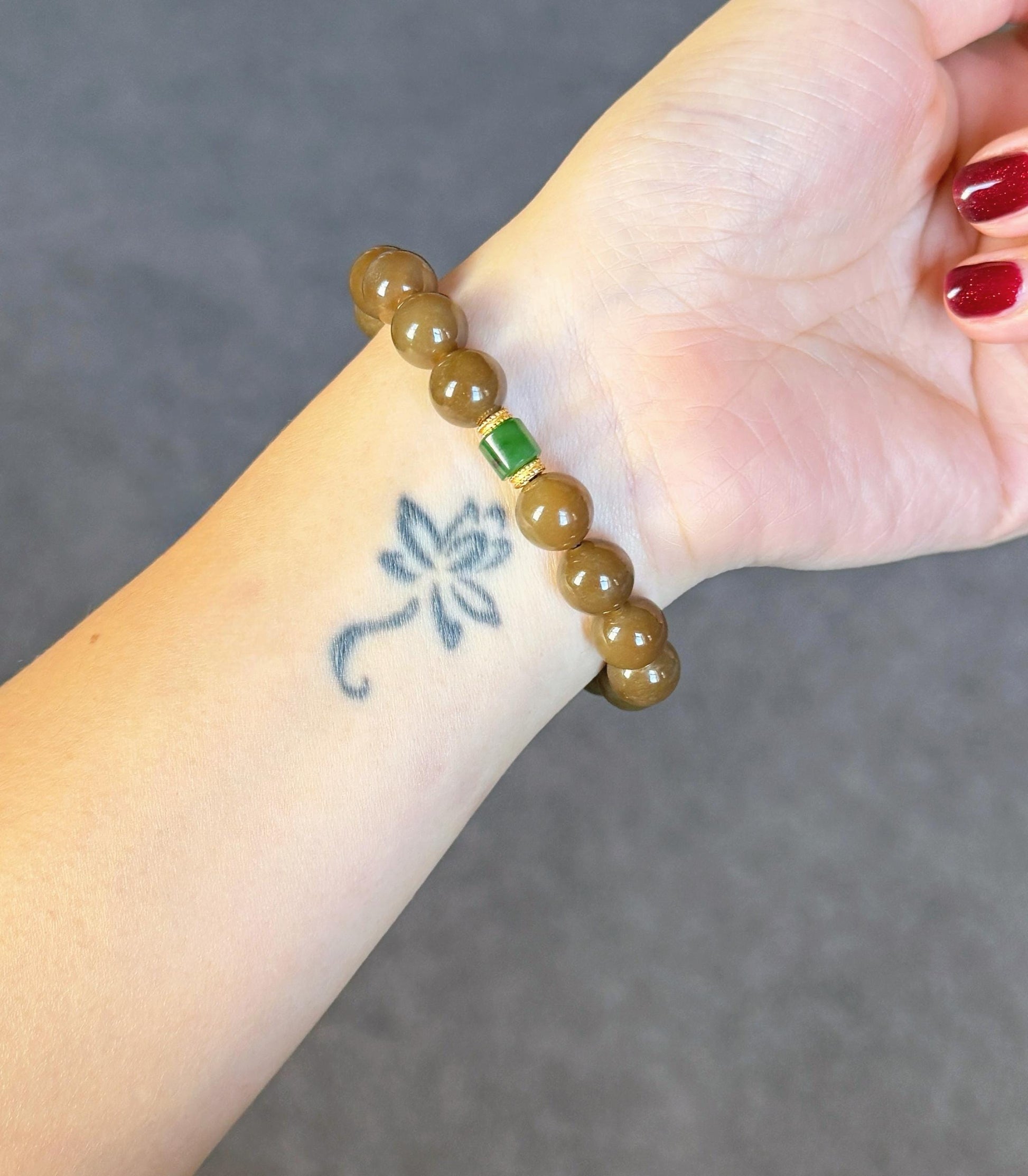 Natural Brown Nephrite Jade Bracelet 10mm | Red Agate & Green Jade | Gold-Plated S925 Silver Accents