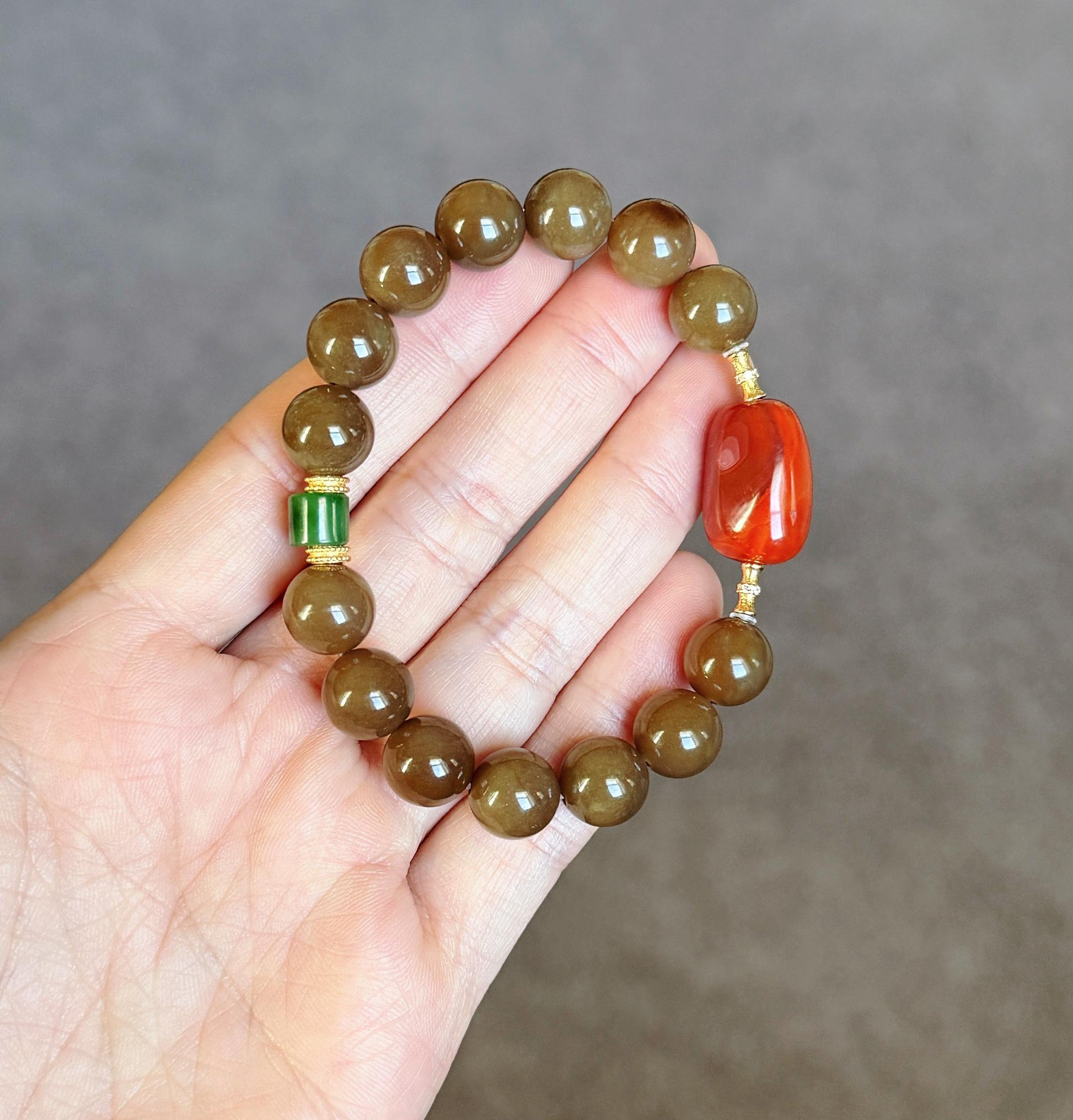 Natural Brown Nephrite Jade Bracelet 10mm | Red Agate & Green Jade | Gold-Plated S925 Silver Accents