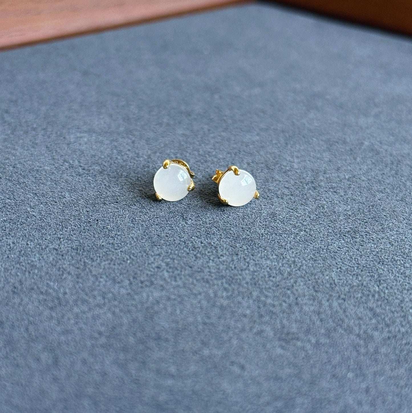 Gold Plated S925 Silver White Nephrite Jade Stud Earrings 6mm – Minimalist Prong Set Earrings