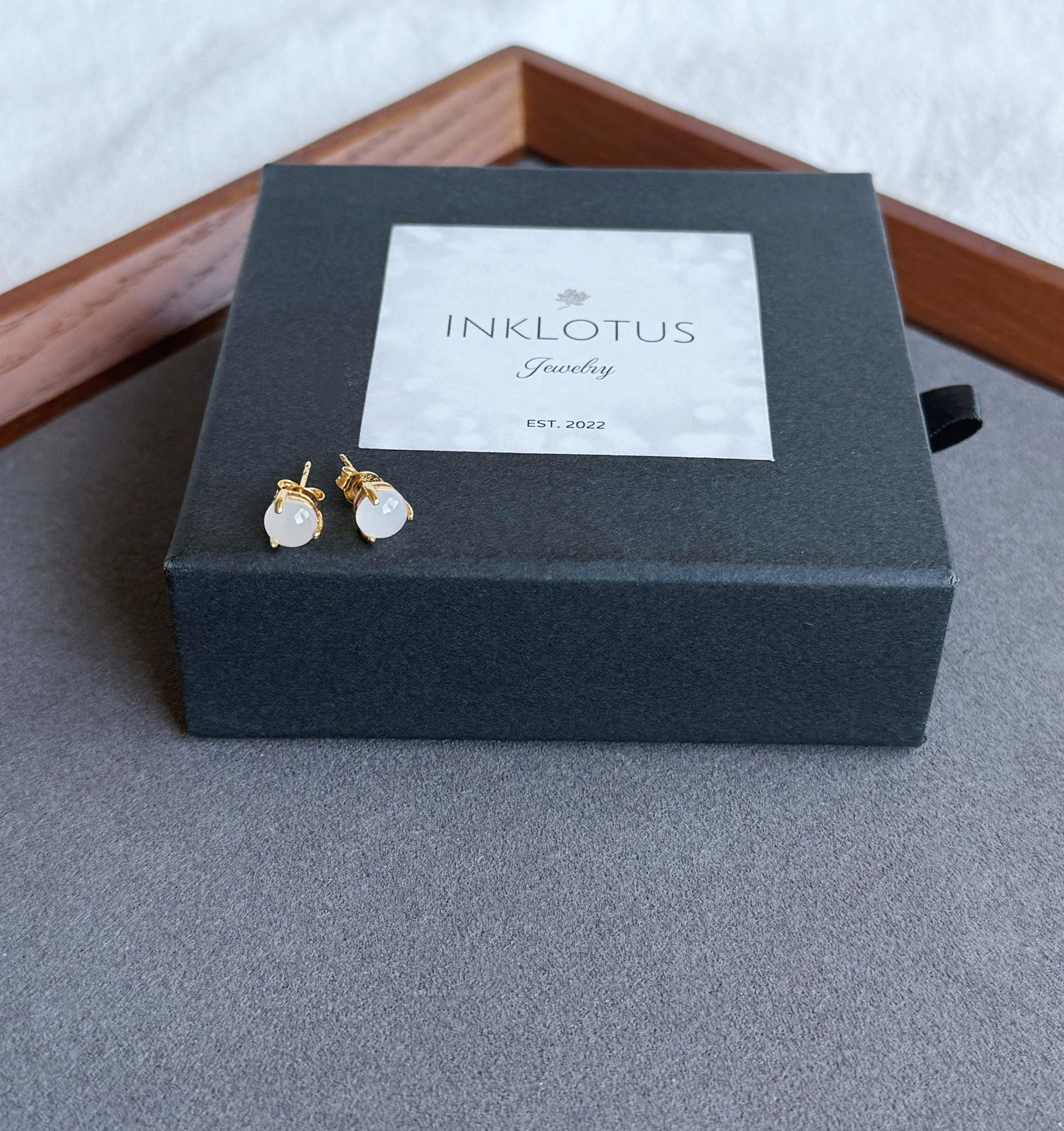 Gold Plated S925 Silver White Nephrite Jade Stud Earrings 6mm – Minimalist Prong Set Earrings