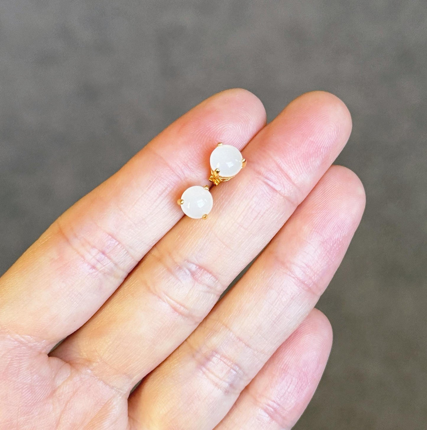 Gold Plated S925 Silver White Nephrite Jade Stud Earrings 6mm – Minimalist Prong Set Earrings
