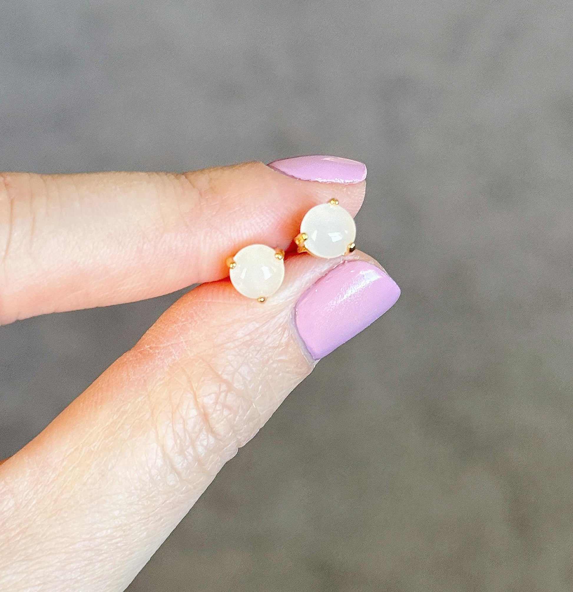 Gold Plated S925 Silver White Nephrite Jade Stud Earrings 6mm – Minimalist Prong Set Earrings