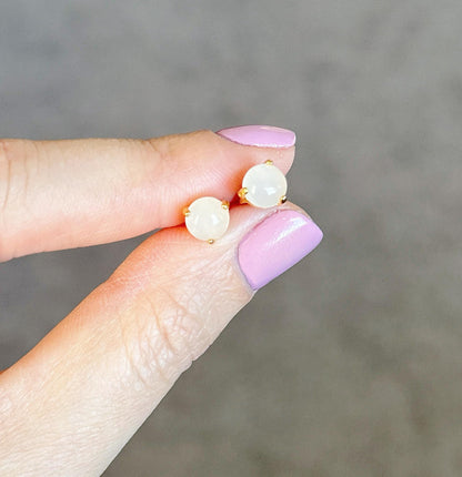 Gold Plated S925 Silver White Nephrite Jade Stud Earrings 6mm – Minimalist Prong Set Earrings