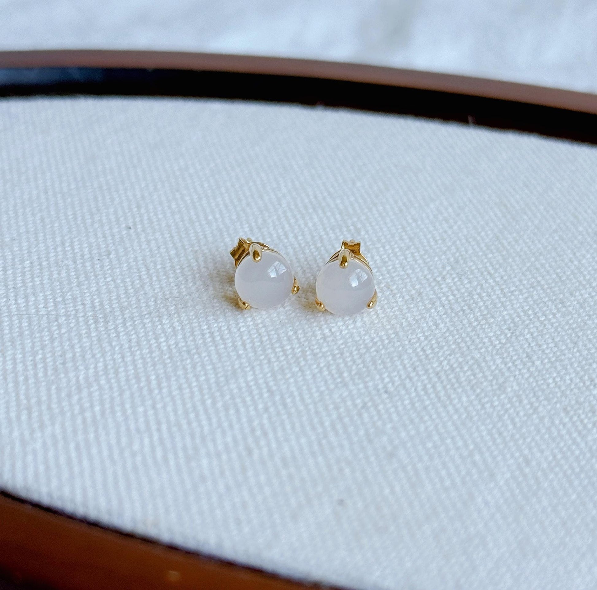 Gold Plated S925 Silver White Nephrite Jade Stud Earrings 6mm – Minimalist Prong Set Earrings