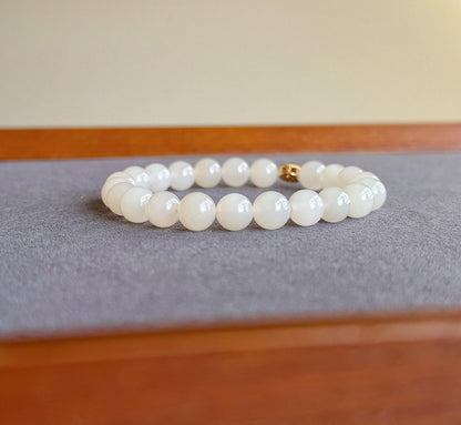 8mm Natural Nude Pink Nephrite Jade Beaded Bracelet – 18K Gold Green Jadeite Accent