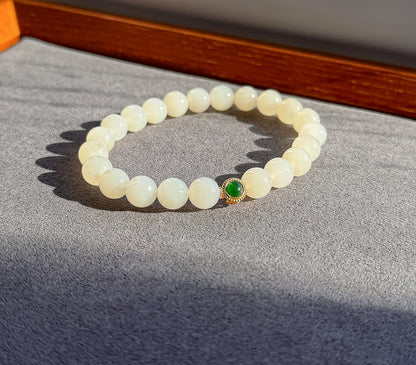 8mm Natural Nude Pink Nephrite Jade Beaded Bracelet – 18K Gold Green Jadeite Accent