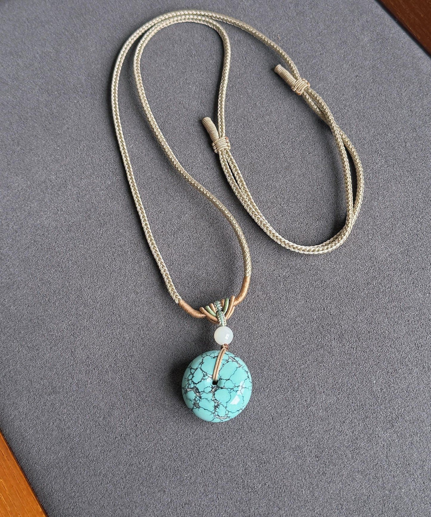 Natural Turquoise Donut Pendant Necklace | Genuine Untreated Turquoise with White Nephrite Jade | Adjustable Cord