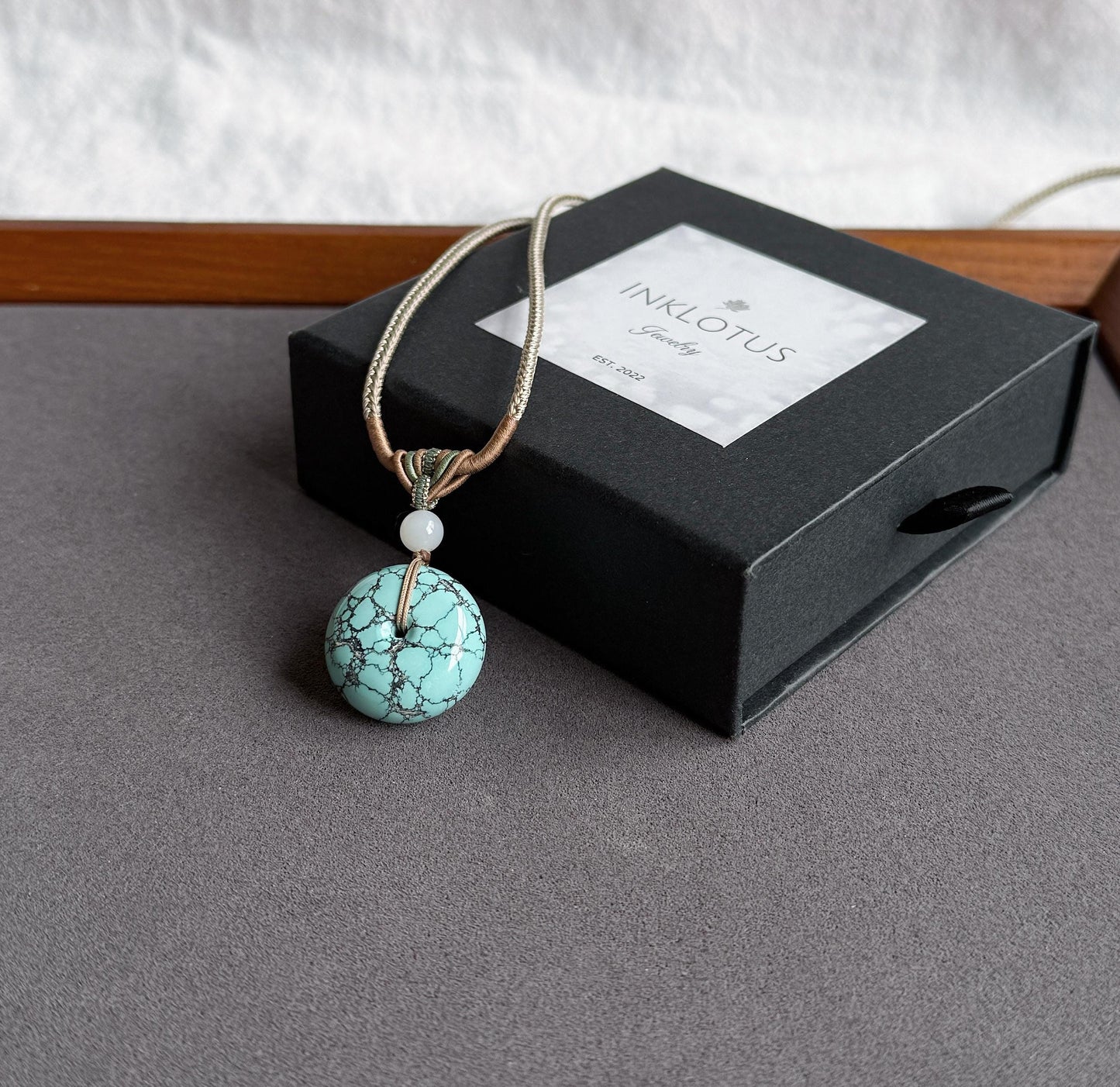 Natural Turquoise Donut Pendant Necklace | Genuine Untreated Turquoise with White Nephrite Jade | Adjustable Cord