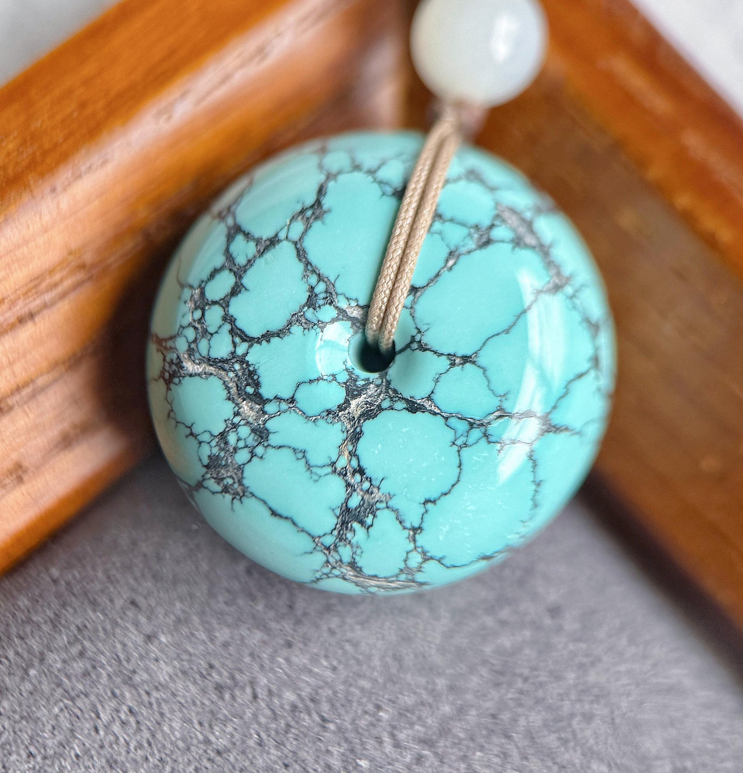 Natural Turquoise Donut Pendant Necklace | Genuine Untreated Turquoise with White Nephrite Jade | Adjustable Cord