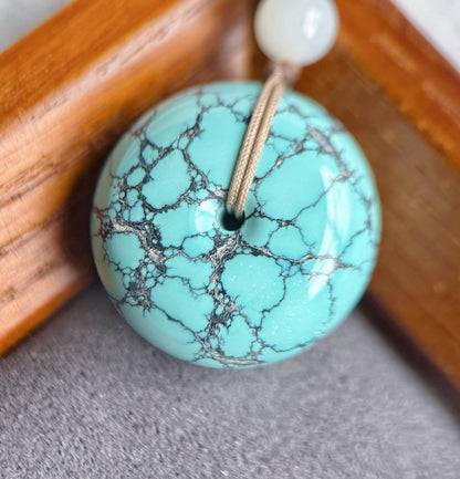 Natural Turquoise Donut Pendant Necklace | Genuine Untreated Turquoise with White Nephrite Jade | Adjustable Cord