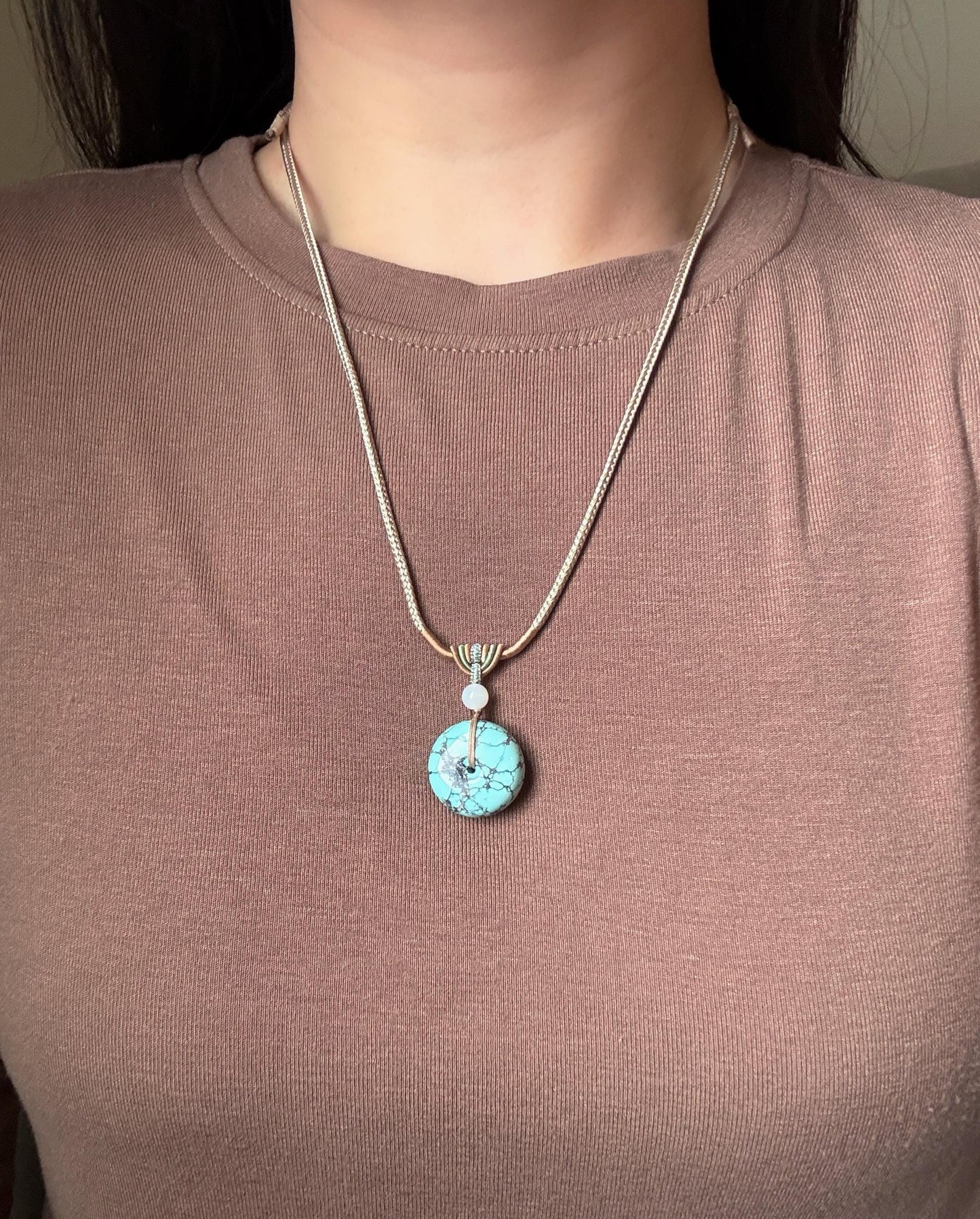 Natural Turquoise Donut Pendant Necklace | Genuine Untreated Turquoise with White Nephrite Jade | Adjustable Cord