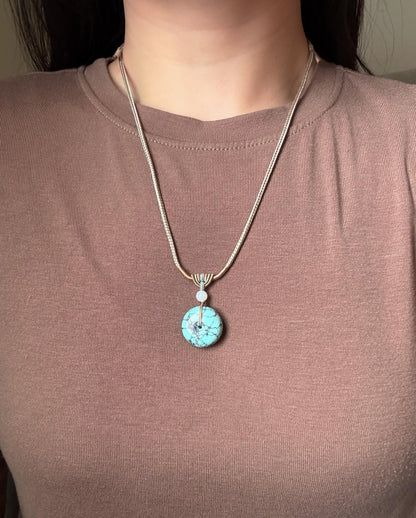 Natural Turquoise Donut Pendant Necklace | Genuine Untreated Turquoise with White Nephrite Jade | Adjustable Cord