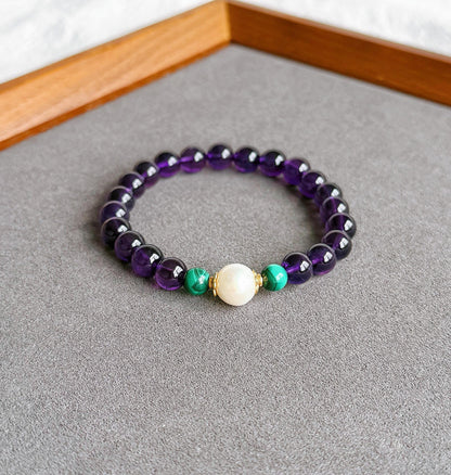 Natural Amethyst Beaded Bracelet 7.5mm | February Birthstone with Freshwater Pearl & Malachite