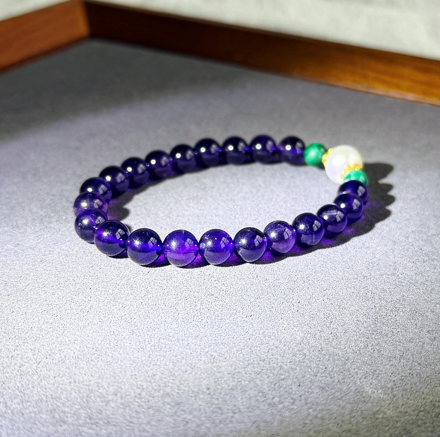 Natural Amethyst Beaded Bracelet 7.5mm | February Birthstone with Freshwater Pearl & Malachite